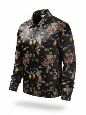 Asian Style Men's M Embroidered Zip Satin Jacket Black Urban Outfitters Dragon